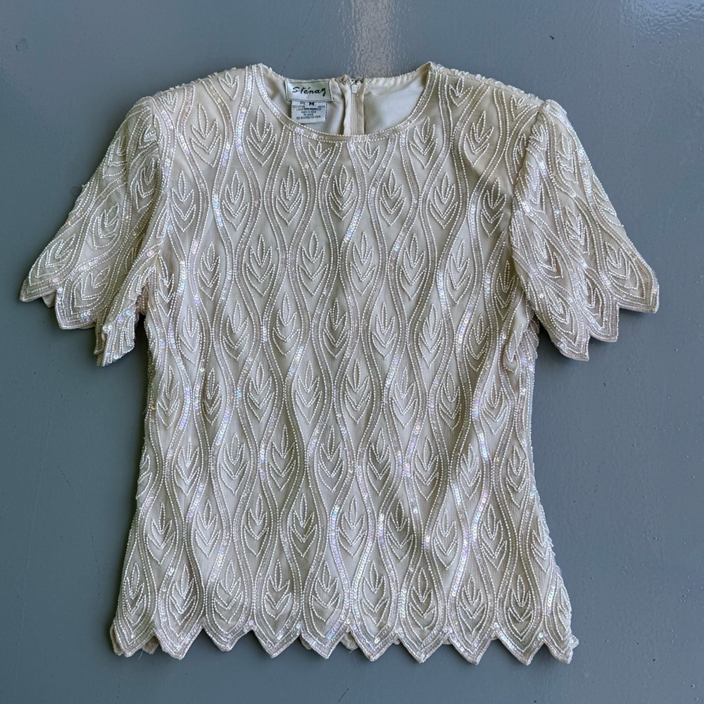 Stenay Cream Sequin Embellished Glass Beaded Blouse size Medium